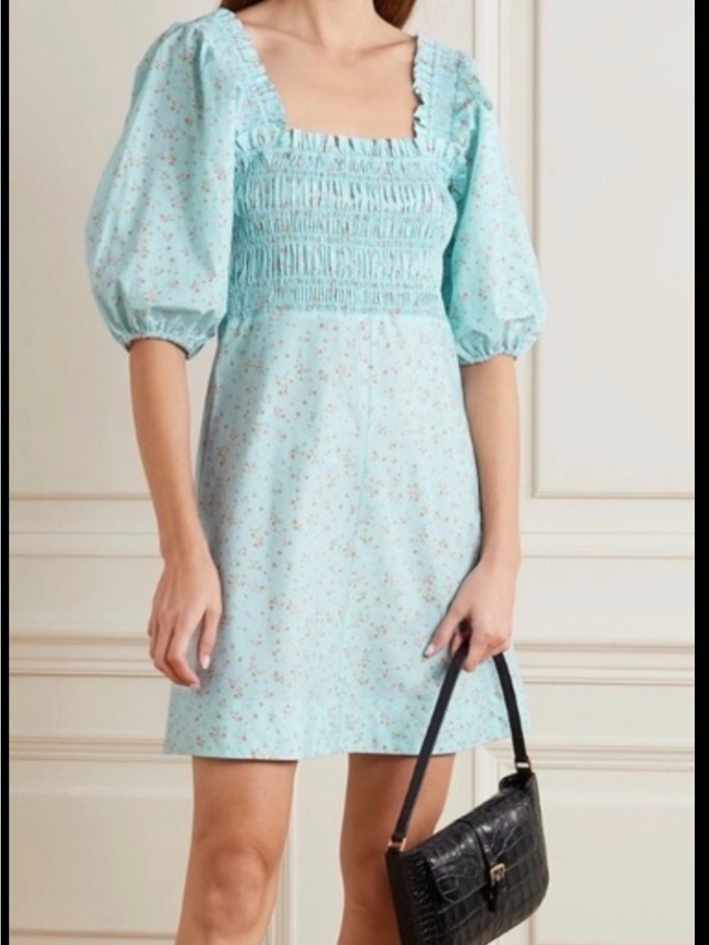 Ganni shirred floral print mini dress with puff sleeve